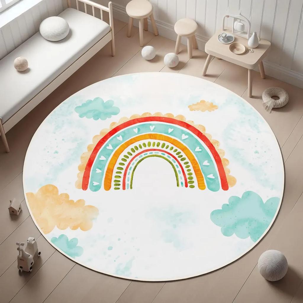 Watercolor Rainbow Star Heart Round Rug Washable Floor Mat for Kids Bedroom Playroom Sweet Boho Nursery Indoor Home Decor