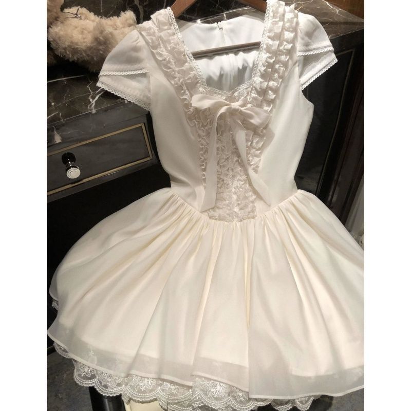 Girls Solid Lace Trim V Neck Princess Dress Simple Versatile Tween Skirt