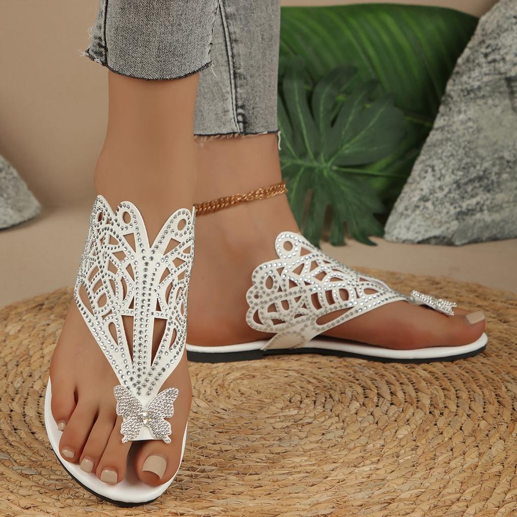Woman Butterfly RhinestoneFlat Slippers  Luxury Designer Sandals Casual Bottom Slippers Summer Women Sandals Shoes for Women