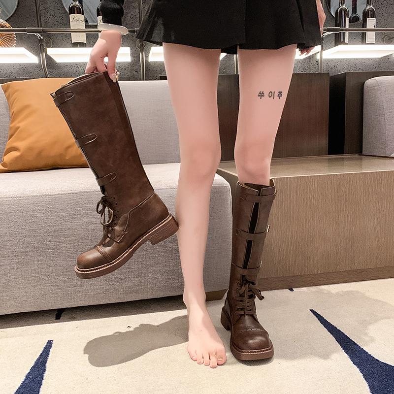 Ladies Shoes On Sale  High Quality Lace Up Women's Boots Winter Round Toe Keep Warm High Tube Chunky Heels Fashion Boots