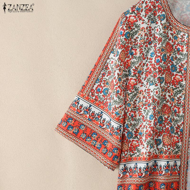 ZANZEA Женские богемные укороченные топы-блузки с цветочным принтом, с открытой передней частью, с короткими рукавами, винтажные, повседневные, для отпуска