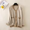 V Cardigans Women Knitted Houndstooth Neck Single Breasted Full Sleeve Top Black Gray Pink One Size