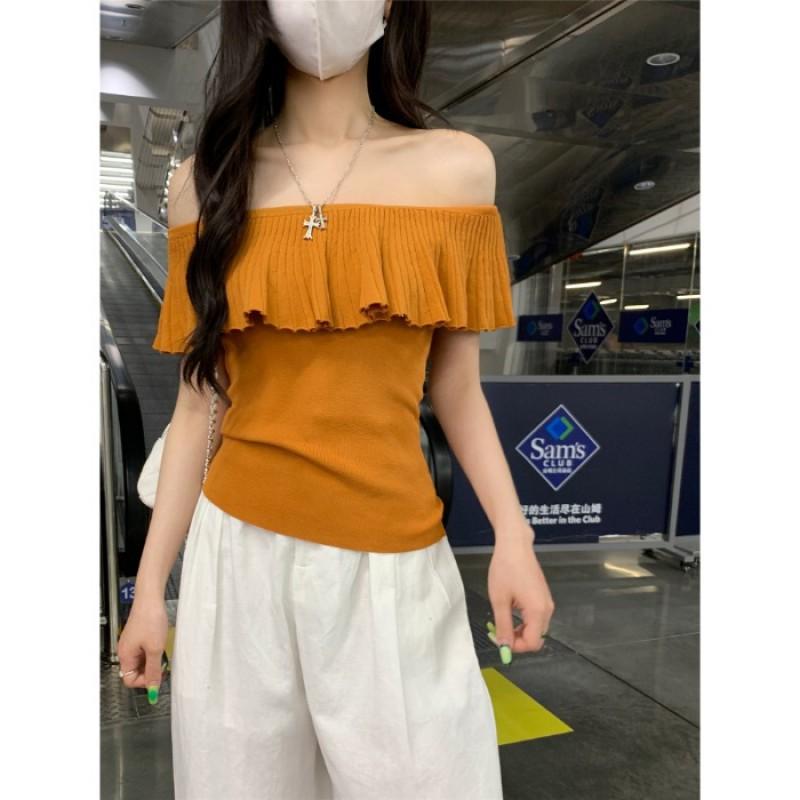 French Ruffled One-neck Sweater Sweet Hot Girl Short Slimming Sexy Off-the-shoulder Top Trendy