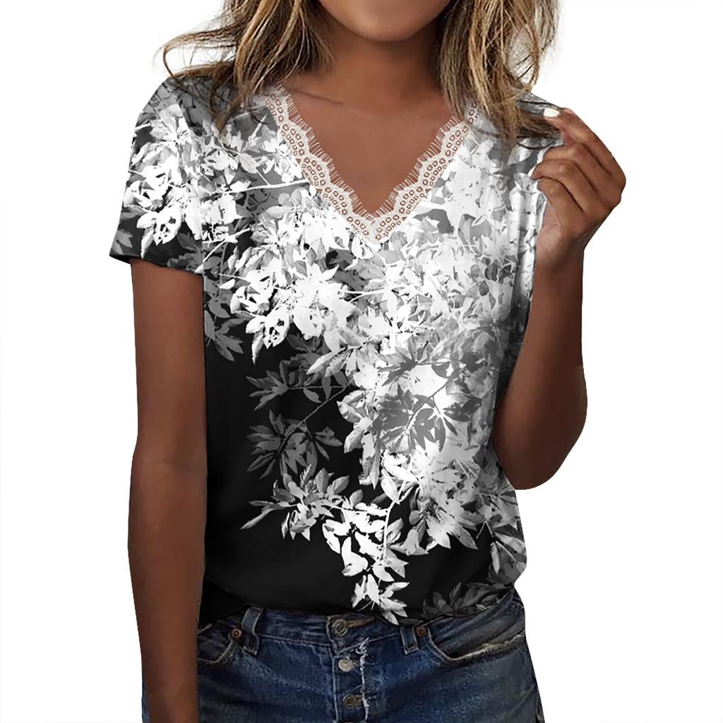 Women's Lace Short Sleeve Shirt V Neck T-Shirt Dressy Casual Tops Raglan Short Sleeve Lace Short Sleeve Panel Comfortable Cotton Top