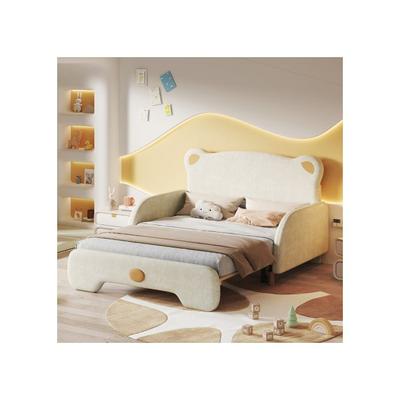 Двуспальная кровать в форме медведя - - Бежевая - 140x200 см - Велюр - Деревянные ламели