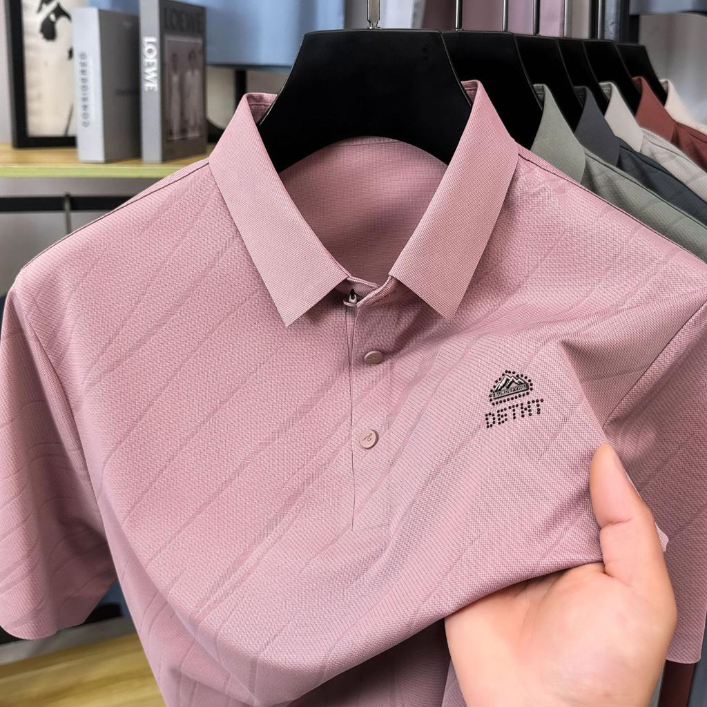 Мужская футболка-пуловер с лацканами из шелка Ice Silk с короткими рукавами, модная рубашка-поло, повседневный топ для отца