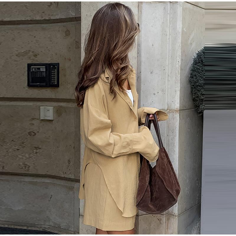 Повседневный комплект с шортами для женщин, весна-лето, лацканы, пуговицы, карманы, блузки, длинные рукава, эластичный пояс, брюки, комплекты, женский однотонный женский костюм