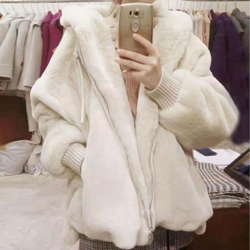 Женская модная теплая куртка из искусственного меха с капюшоном, свободное милое плюшевое пальто средней длины, свободное пальто осень-зима