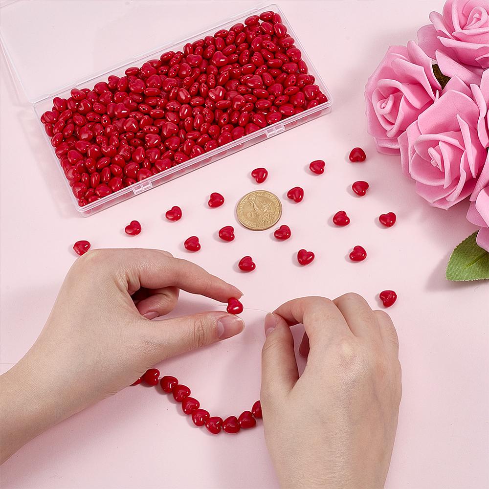 1set 400pcs Opaque Resin Beads Heart Red 9x10x5.5mm Hole: 1.2mm