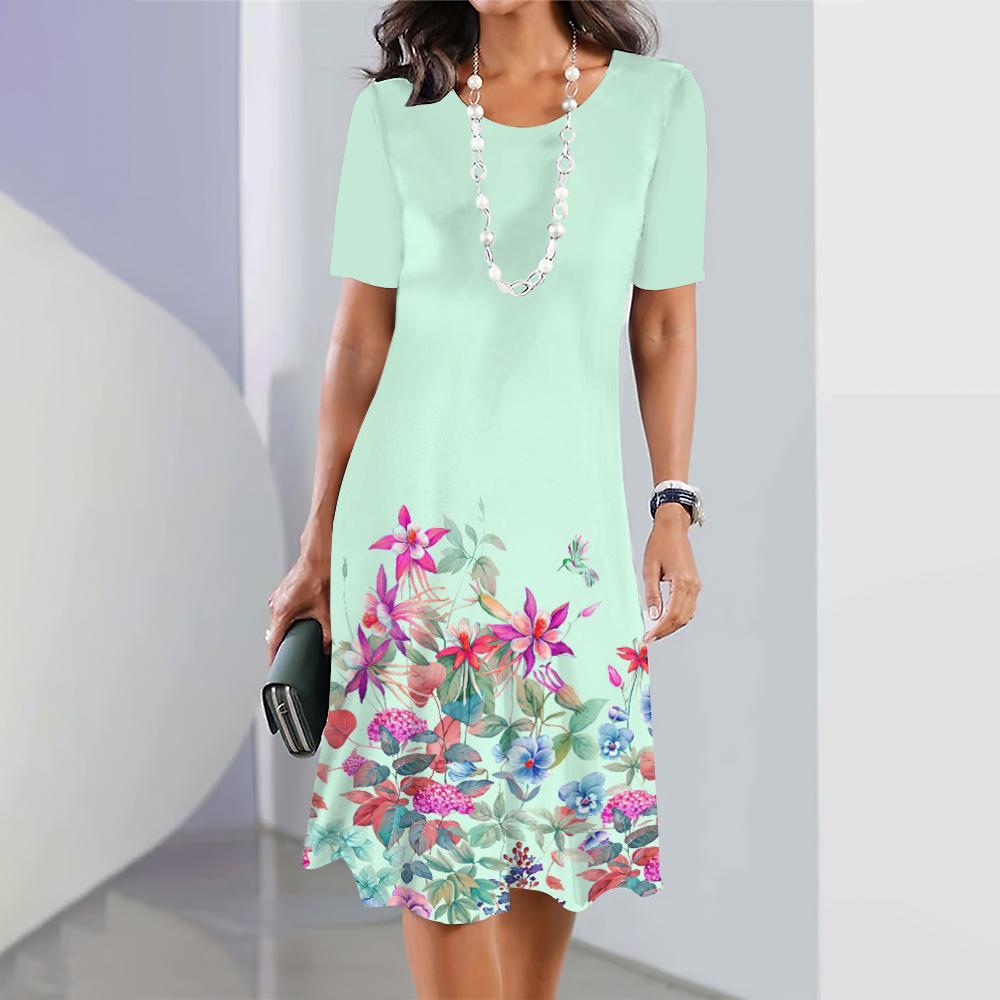 Summer Short Sleeves Dresses Classy Women Dress Loose A-Line Skirt Color Clash Print Woman Clothing Casual Round Collar Pullover