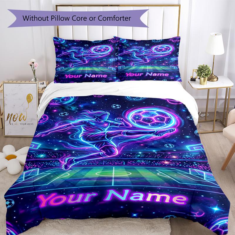 3PC Custom Name Neon Soccer Dreams Bedding Set Duvet Cover Closure Includes 1 Duvet Cover & 2 Pillowcases for Bedroom