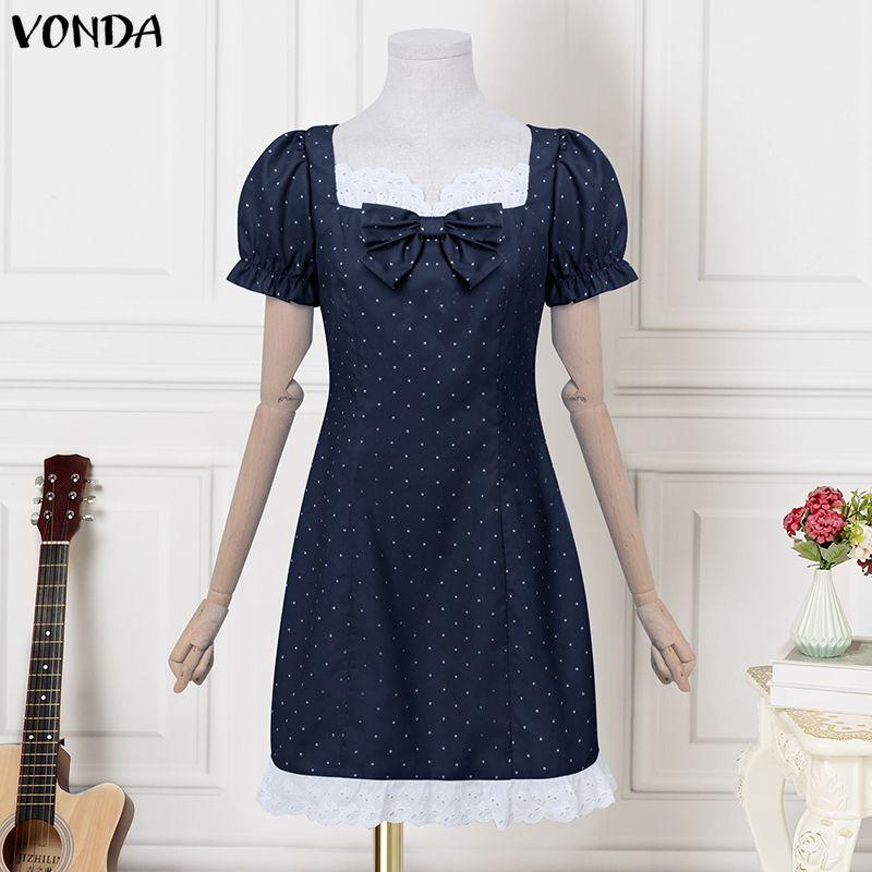 VONDA Женское повседневное мини-платье с квадратным вырезом, короткими рукавами-буфами, бантом и принтом в горошек