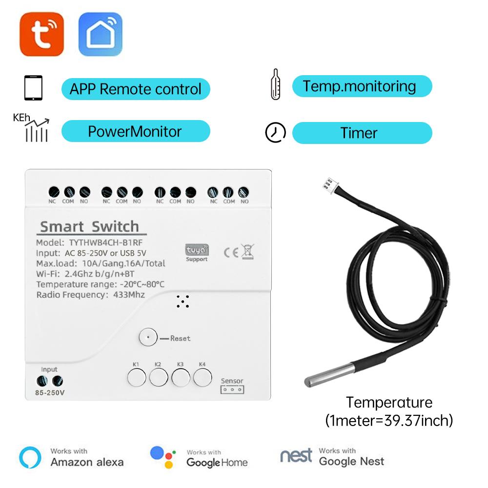 DC 7-32V Tuya Умное WiFi 4-канальное реле с датчиком температуры и влажности Пассивный переключатель с сухим контактом Совместимо с Alexa Alice