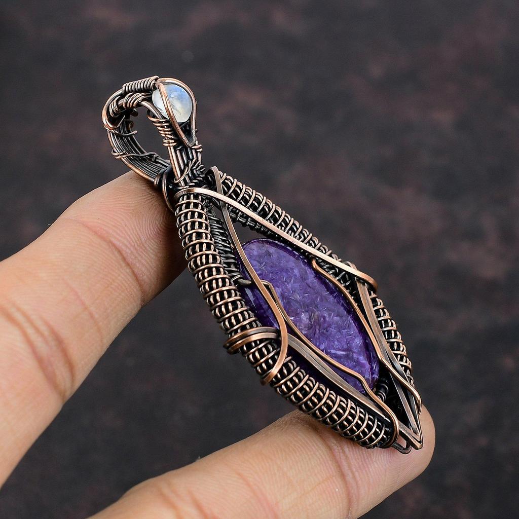 Подвеска из чароита, медная проволочная обертка, ручная работа, проволочная обертка, подвеска из радужного лунного камня, подвеска из драгоценного камня, медные украшения для подарка