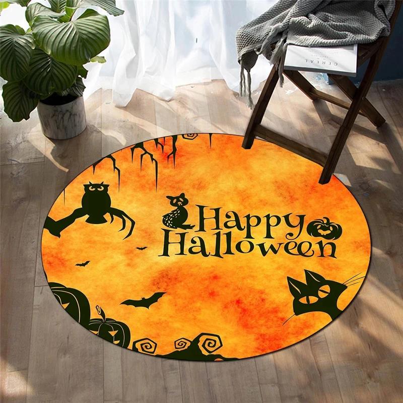 Happy Halloween Round Carpet Castle Bat Print Area Rug for Living Room Bedroom Chair Non Slip Horror Theme Floor Mats Yoga Mat
