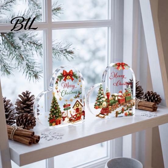 Indoor Christmas Ornaments Heart Shaped Acrylic Tabletop Sign, 2D Winter Snow Scene Desktop Ornament Home Party Supplies with Santa, Snowman