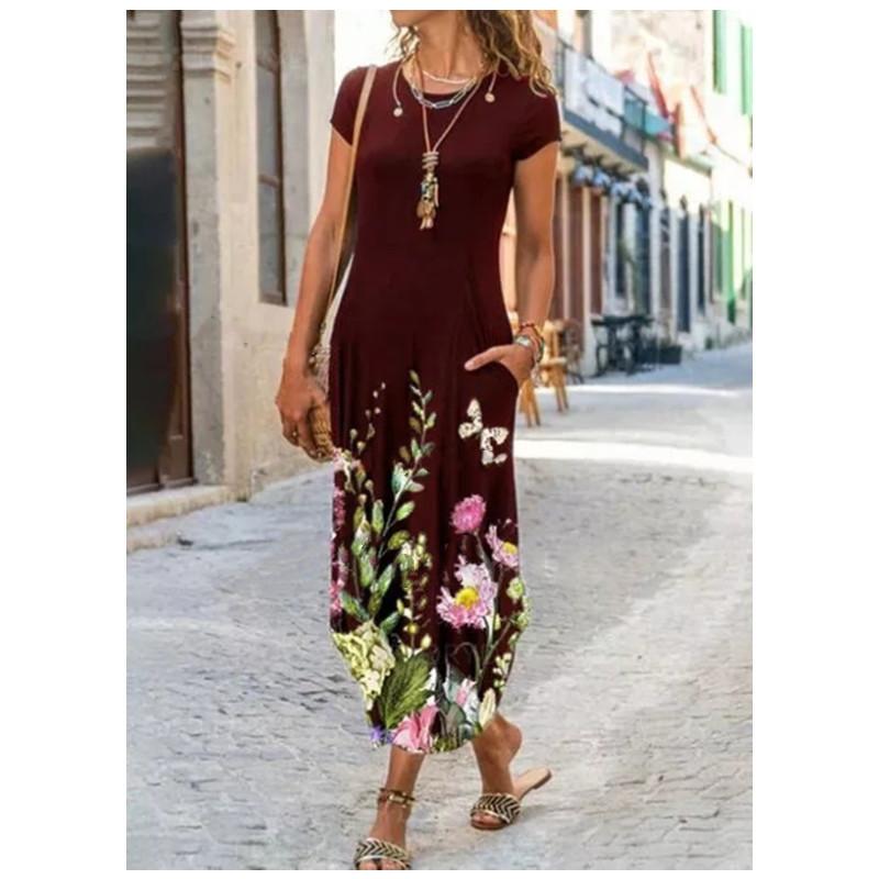 Женское модное платье с круглым вырезом, карманом и коротким рукавом с трендовым принтом