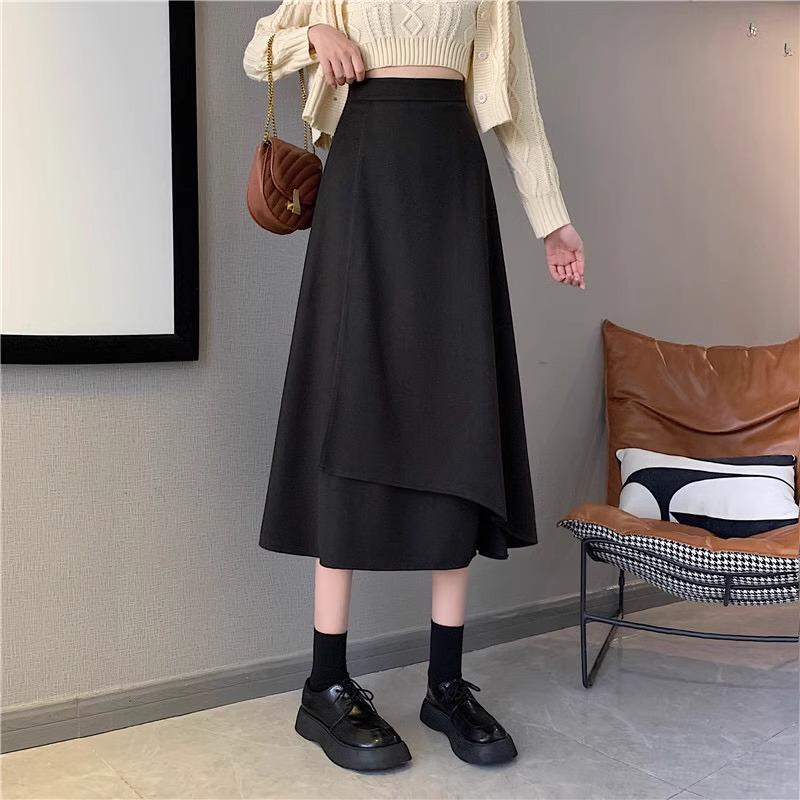 Women's Black A-Line Skirt: Spring, High-Waist, Medium To Long, Irregular Hem, Large Size, Korean Style, Hip-Covering, Flared Umbrella Design.