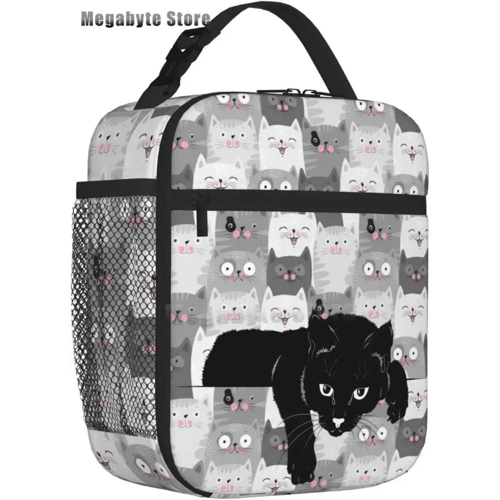 Черный кот ланч-бокс смешной кот ланч-бокс для детей подростков девочек женщин взрослых холодильник изолированный цветочный ланч-бокс для школы работы путешествий
