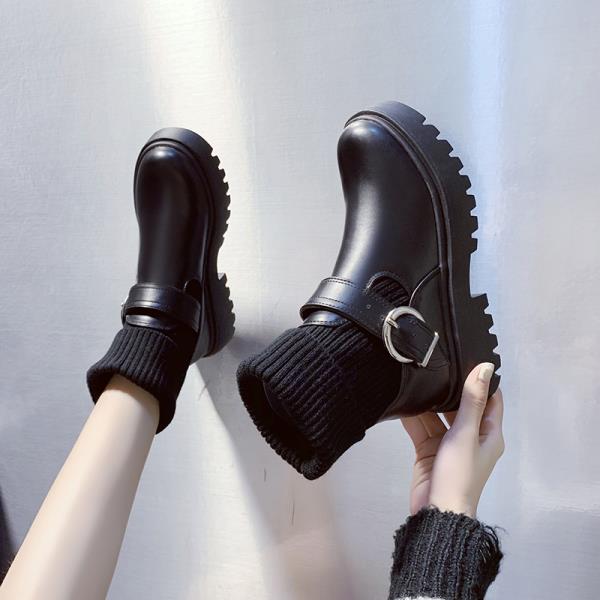 Трикотажные женские ботинки, женские ботинки на толстой подошве высотой 4,5 см, новинка зимы 2024, однотонная женская обувь с круглым носком и застежкой, Zapatos De Mujer