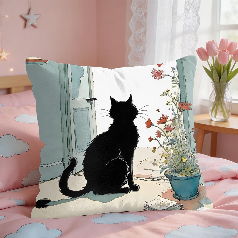 Cartoon Little Black Cat Cushion Cover Square Short Plush Pillow Case Living Room Sofa Home Decor Funda X