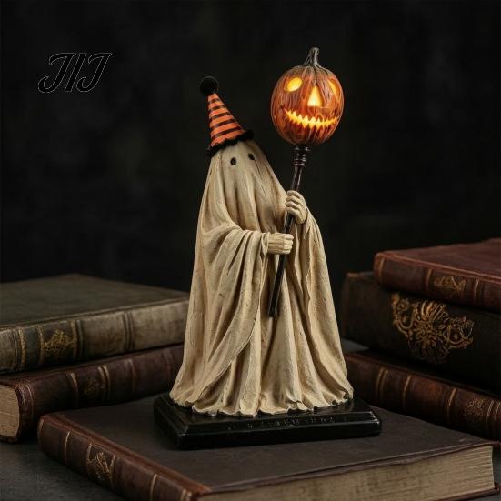 Remote Control Lighted Ornament Ghost Figurine with Control, Vintage Resin Statue Luminous Pumpkin Indoor Festive Display Scepter, Cute Spooky