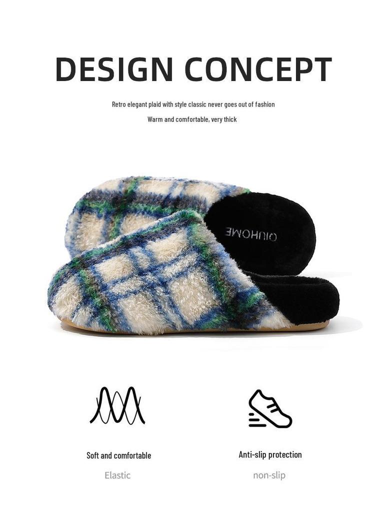Thickened Autumn/Winter Plaid Stripe Cotton Slippers - Comfortable Unisex Homewear