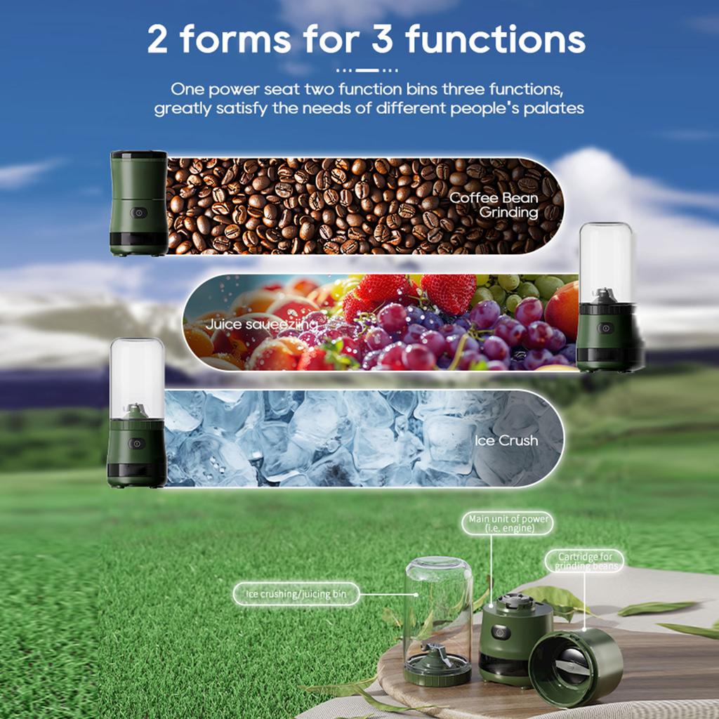 Portable Coffee Grinder Juicer Ice Crusher 3 In 1 High Speed 18000BPM Compact for Camping Green