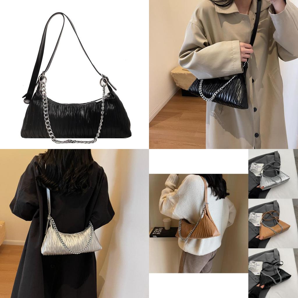 Stylish Korean Women's Pleated Shoulder Bag 2023 Trendy Pu Leather Chain Strap