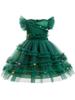 Kids Xmas Party Dress Girls Christmas Tree Tutu with Pompoms Flying Sleeve for Holiday Photo Shoot Celebration