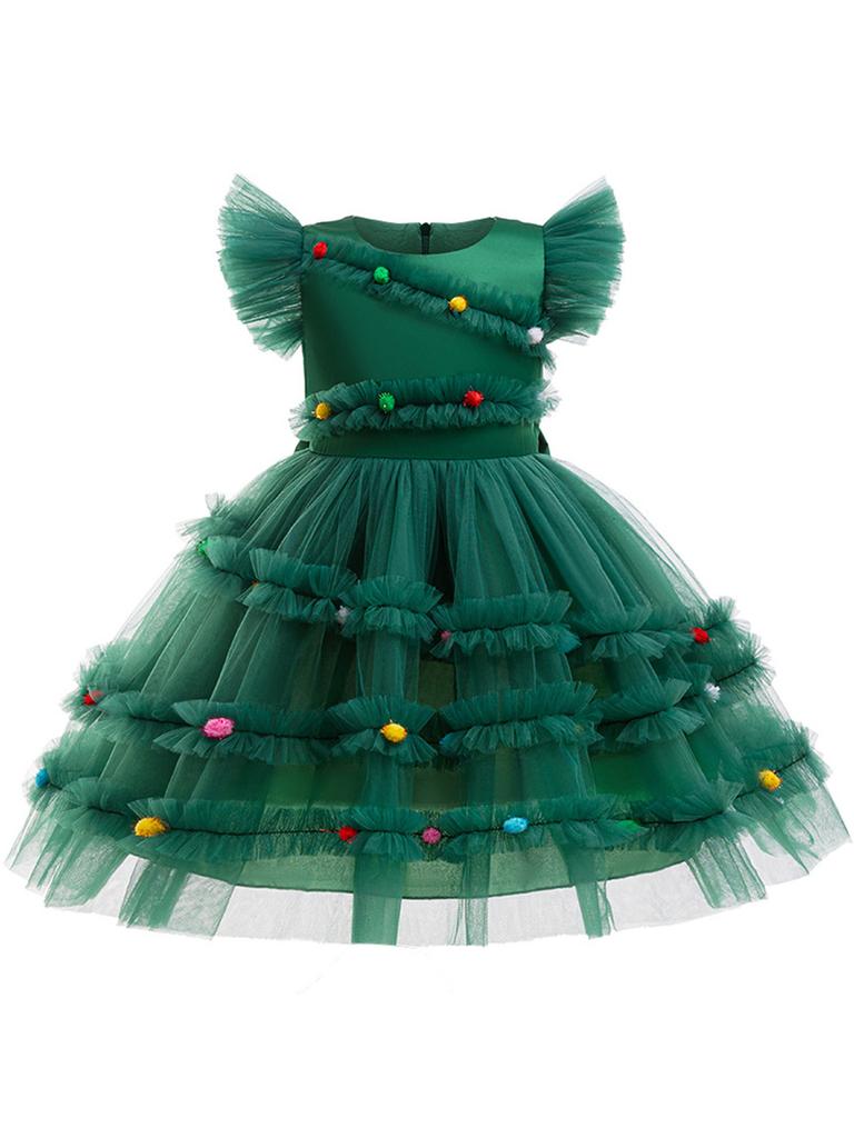 Kids Xmas Party Dress Girls Christmas Tree Tutu with Pompoms Flying Sleeve for Holiday Photo Shoot Celebration