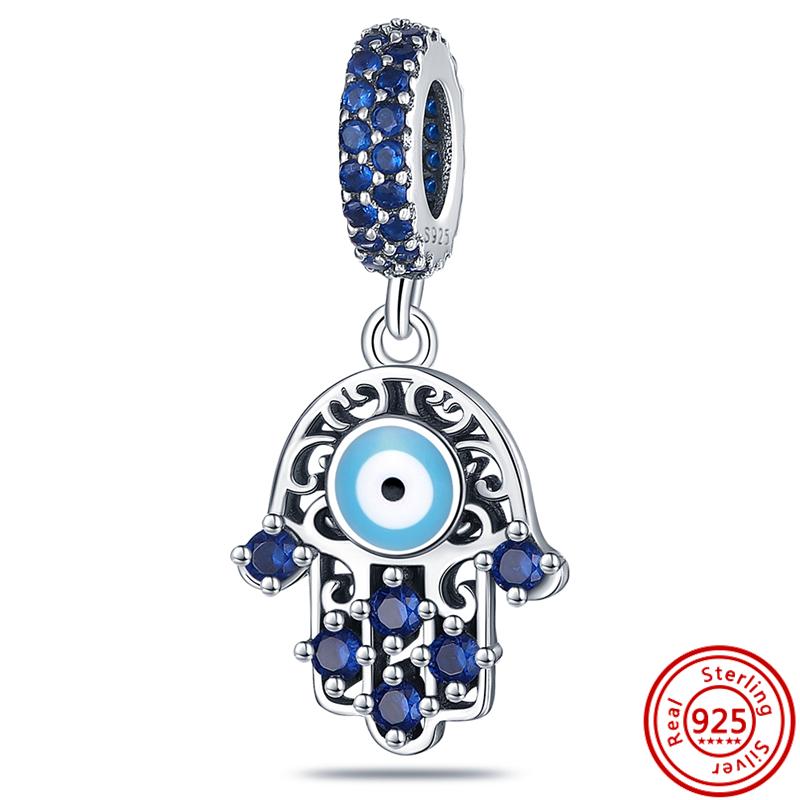 Подлинный кулон из стерлингового серебра S925 с синими глазами демона в виде ладони, круглые бусины, подходит для оригинального браслета с подвесками, женские ювелирные изделия