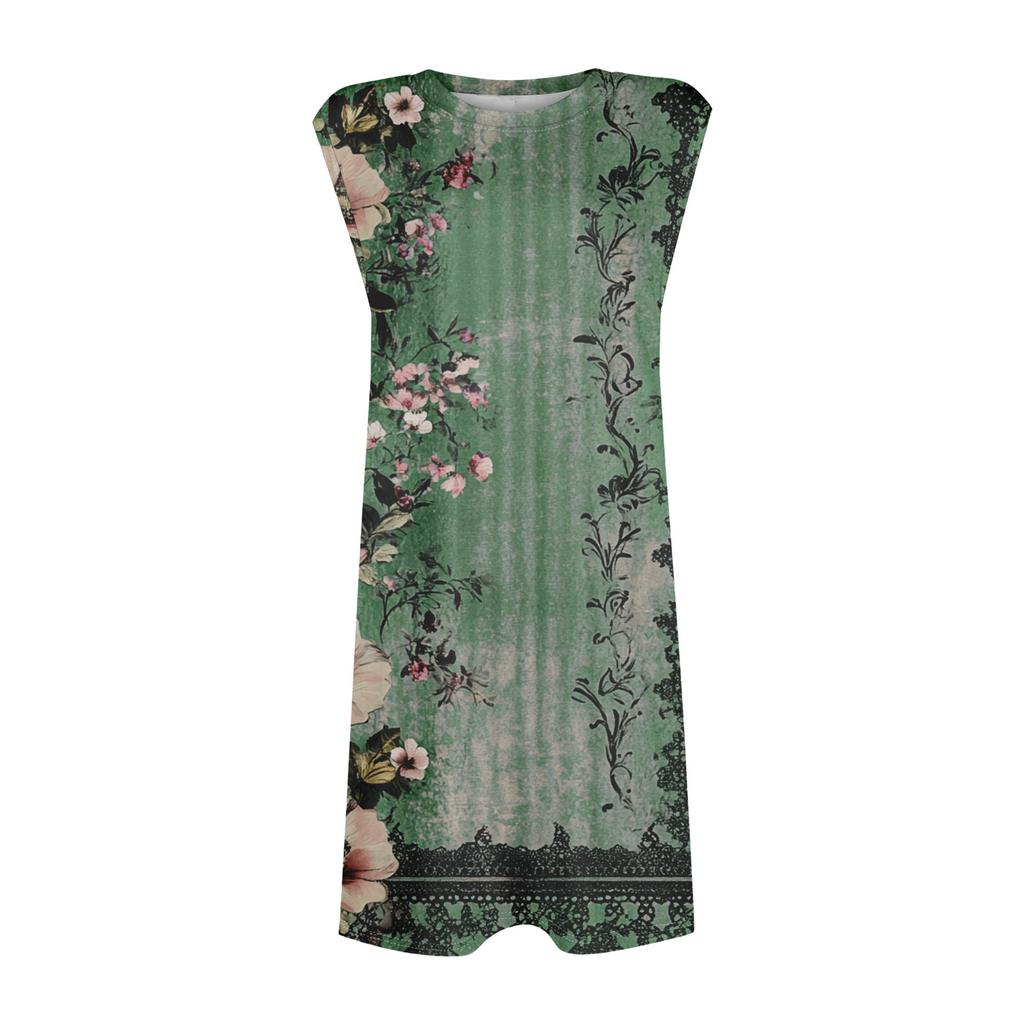 Women's Casual And Fashionable Round-neck Sleeveless Printing Mid Length Dress