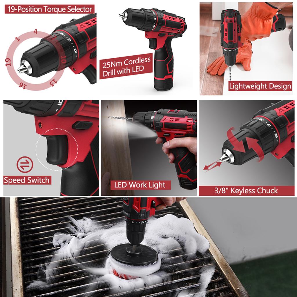 Комплект аккумуляторной дрели-шуруповерта. Набор электрических дрелей 12 В. 50 шт. Набор щеток для электрической дрели. 18 + 1 винт сцепления.