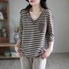 Fake Two-piece Striped V-neck Long-sleeved T-shirt Women's Spring and Autumn Loose Large Size Three-quarter Sleeve Bottoming Top