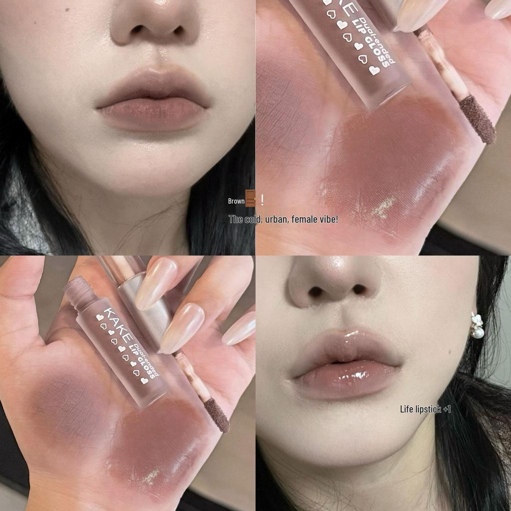 KAKE Double-Ended Lip Gloss: Matte Lip Mud, Watery Lip Glaze, Low Saturation Nude for Students.