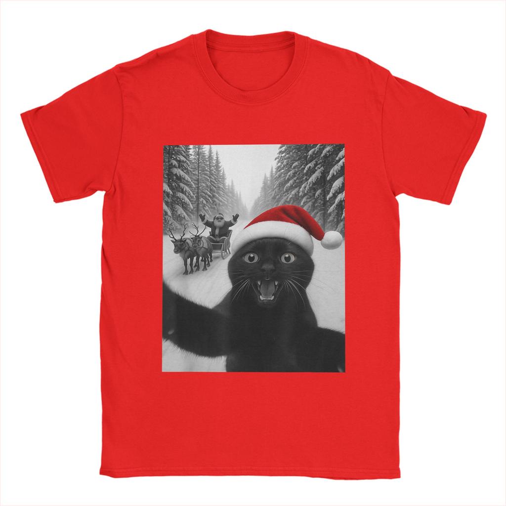 Funny Cat Selfie with Santa Christmas Men's T Shirts Awesome Tees Short Sleeve Round Collar T-Shirts New Arrival Clothing
