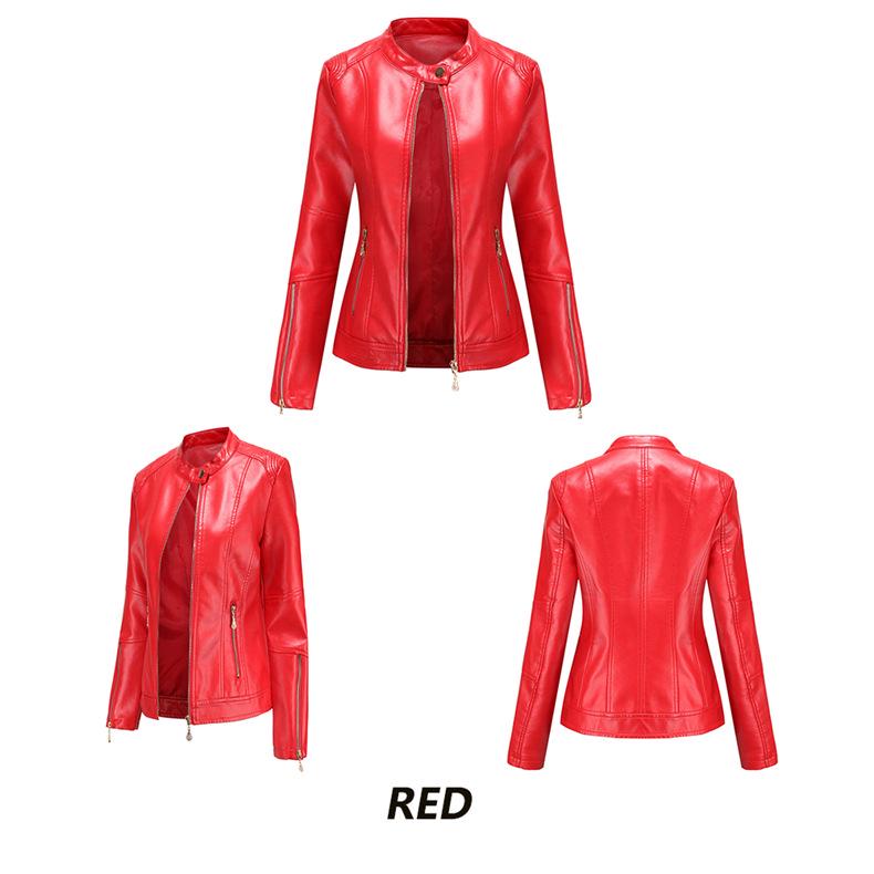 Women's Navy Blue Stand Collar PU Leather Jacket - Lightweight Spring/Autumn Fashion Coat