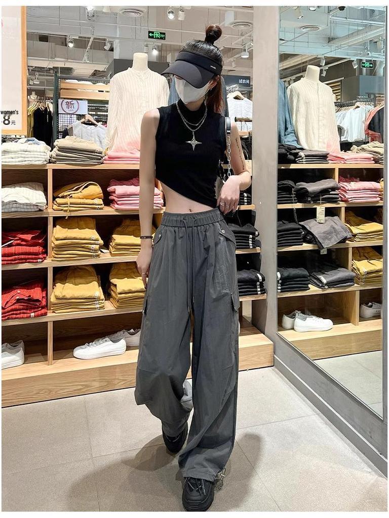 Маленькие женские брюки карго с манжетами - Широкие брюки с высокой талией для альпинизма и спорта, Повседневная одежда на весну/осень