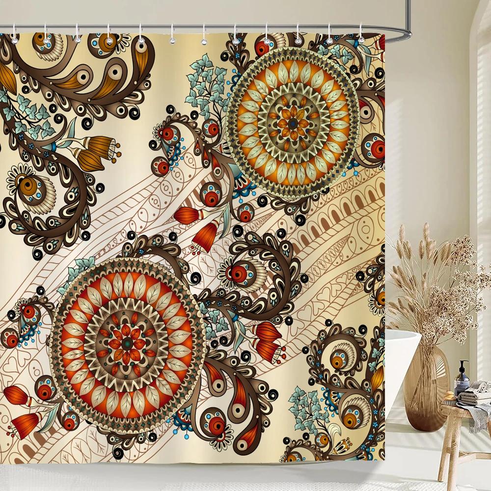 Indian Bohemian Fabric Shower Curtain Bathroom Curtains Boho Mandala Waterproof Fabric Bath Screen Bathtub Decor with 12 Hooks