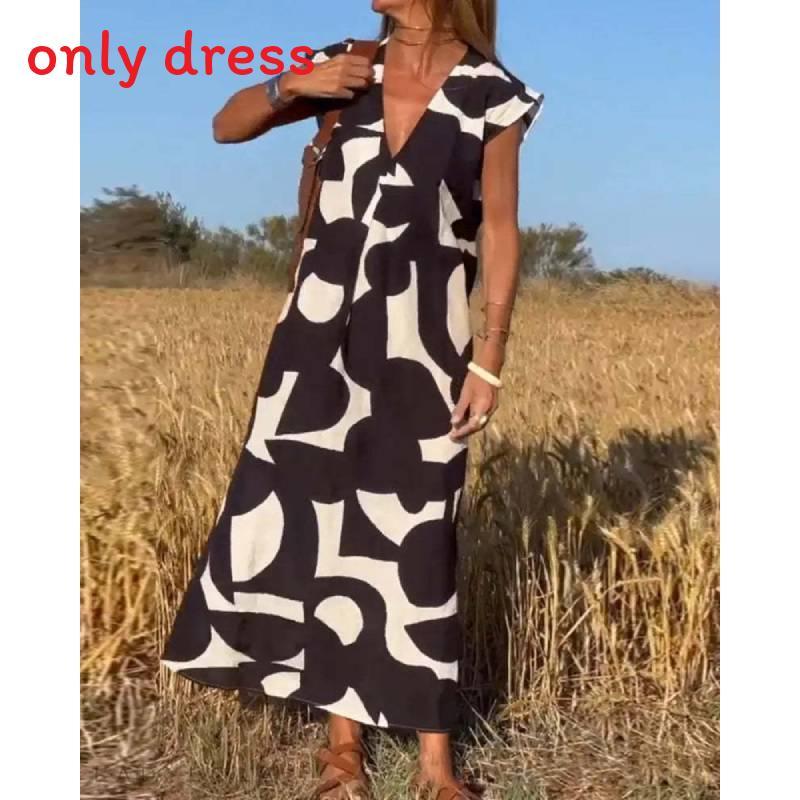 Summer Ladies A Line Dress With Geometric Print And V Neck For Casual Wear