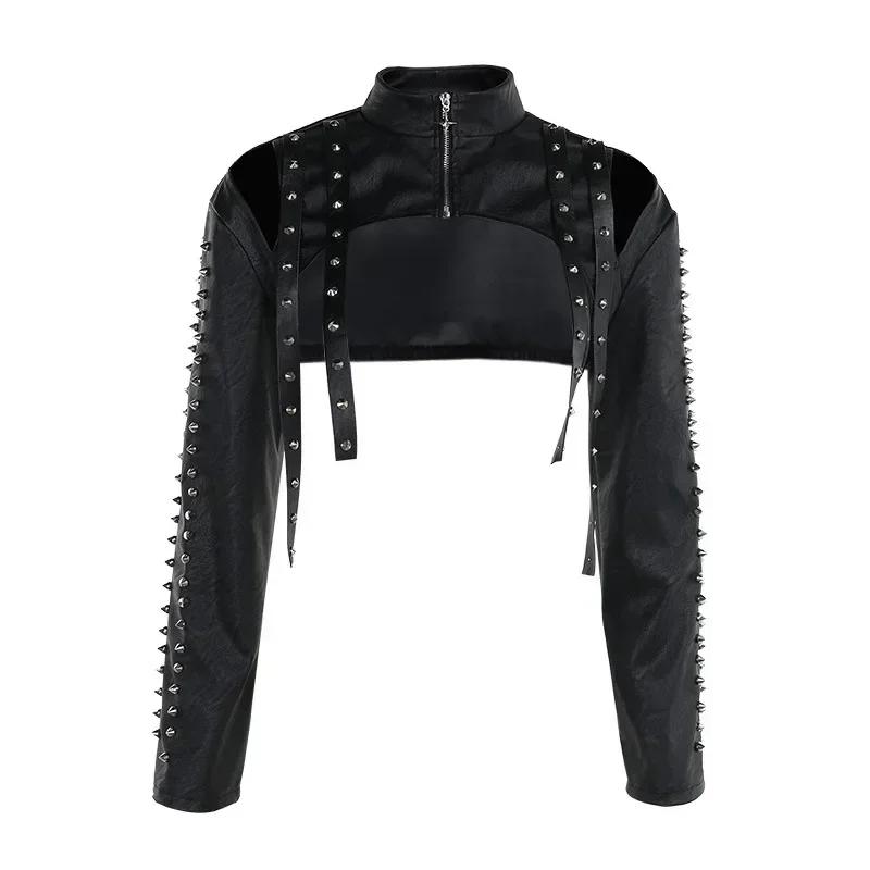 Punk Faux Leather Cropped Jacket Women Spring Streetwear Sexy Slim Fit Rivet PU Blouse Top