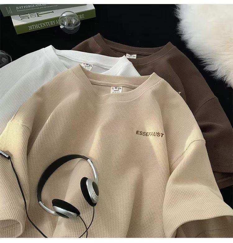 Мужская японская трендовая вафельная футболка с коротким рукавом, свободного кроя, в стиле кэжуал