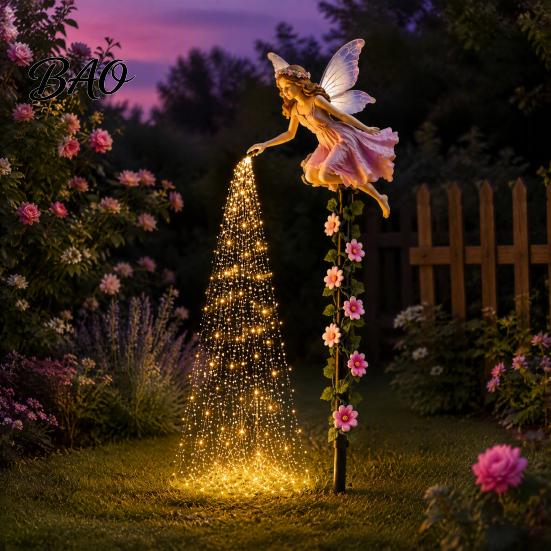 Fairy Tale Patio Accessories Sprinkling Magic Dust Solar Garden Light, Outdoor Front Yard Figurines Statue with LED Light String, Landscape