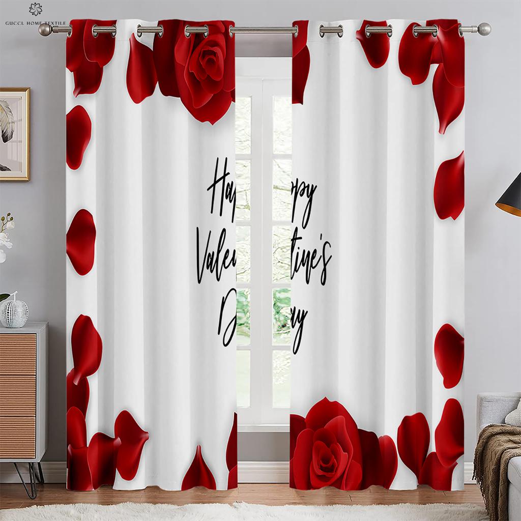 Romantic Rose Red Retro Print Curtain, Rod Pocket Curtain, Bedroom, Living Room, Kitchen, Outdoor Decorative, 2 Pieces