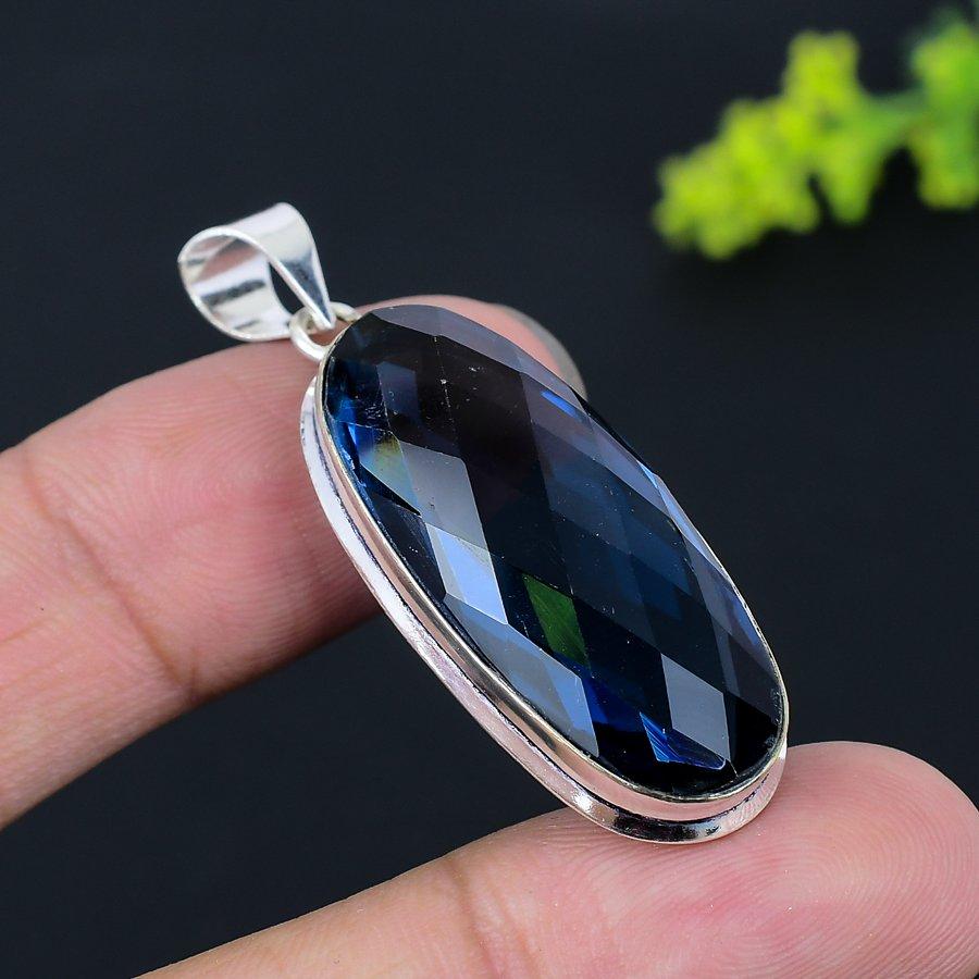 London Blue Topaz Gemstone Handmade 925 Sterling Silver Pendant 1.97" P5n14