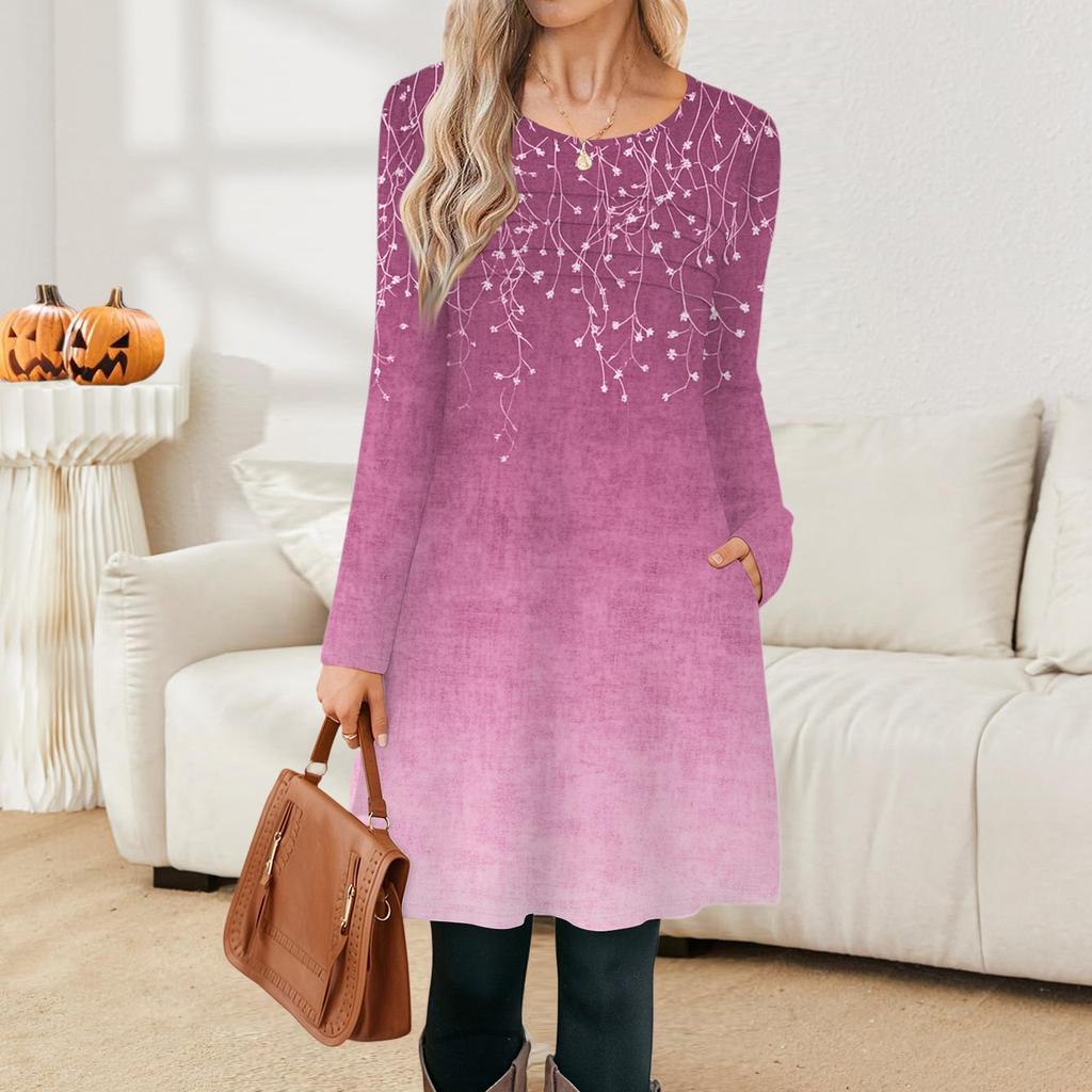 Женские повседневные модные платья с длинным рукавом, с графическим принтом, винтажные, с карманами