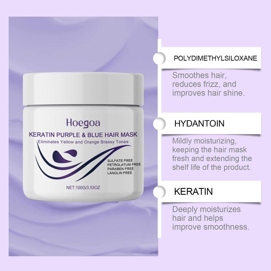 Purple Toning Hair Mask Neutralize Yellow Keratin Deep Conditioner for Blonde Silver Highlighted Hair Color Correcting Treatment