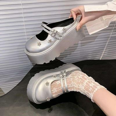 Туфли Мэри Джейн на толстой подошве с платформой женские туфли 2025 новые маленькие двойные ремешки стразы лакированная кожа увеличивающие рост полушлепанцы женские