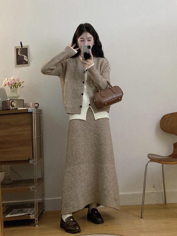 Женский модный вязаный костюм-двойка с юбкой для осени/зимы – стильный и повседневный